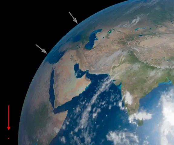 Ausschnitt Erdkugel mit Hamburg und Tunis sowie ISS